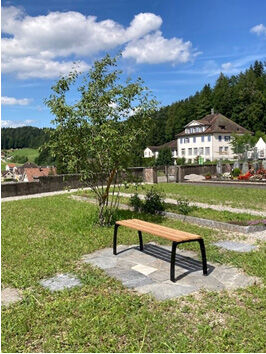 Friedhof Fischingen: neues Blumenrasenfeld mit Sitzbank
