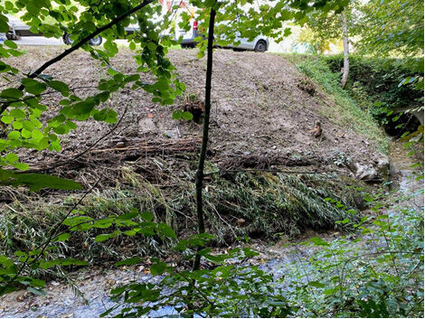 Sanierung abgerutschte B&ouml;schung im Floobach, H&ouml;he Gr&uuml;tstrasse in Fischingen